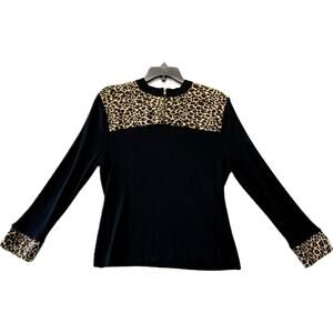 JOSEPH A. Silk Quarter Zip Pullover Sweater Top Women's Size XL Black Leopard